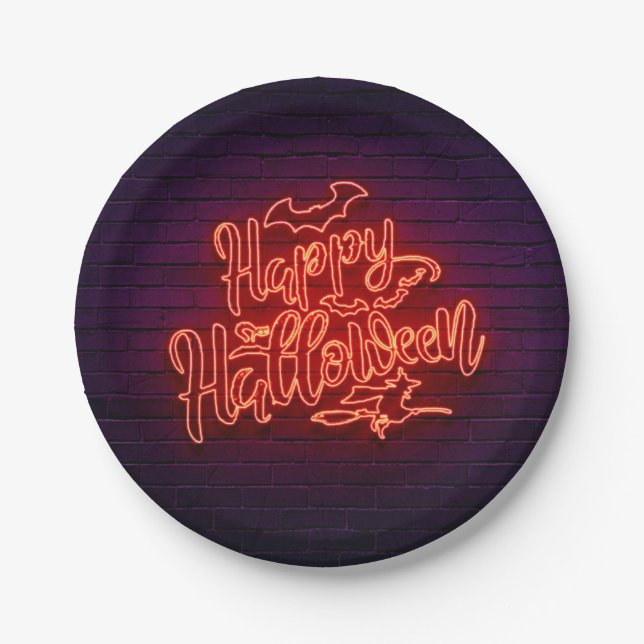 Happy Halloween Neon Look Hexe Bat Brick Party 7" Pappteller (Vorderseite)