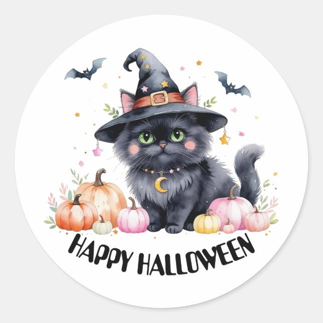 Happy Halloween Niedlich Black Cat Runder Aufkleber (Vorderseite)