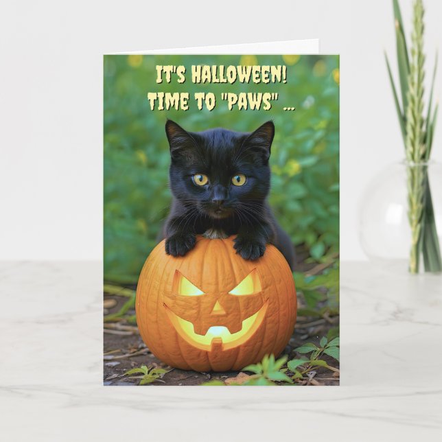 Happy Halloween Niedlich Black Kitten und Pumpkin  Karte (Vorderseite)