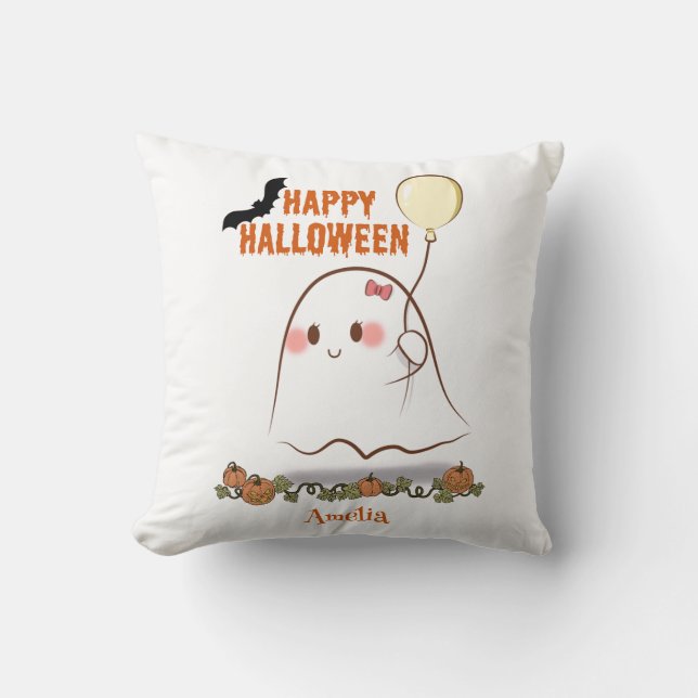 Happy Halloween Niedlich Ghost hält einen Ballonna Kissen (Vorderseite)