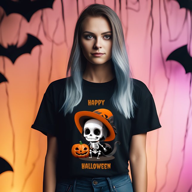 Happy Halloween Niedlich Kawaii Skeleton & Pumpkin T-Shirt (Von Creator hochgeladen)