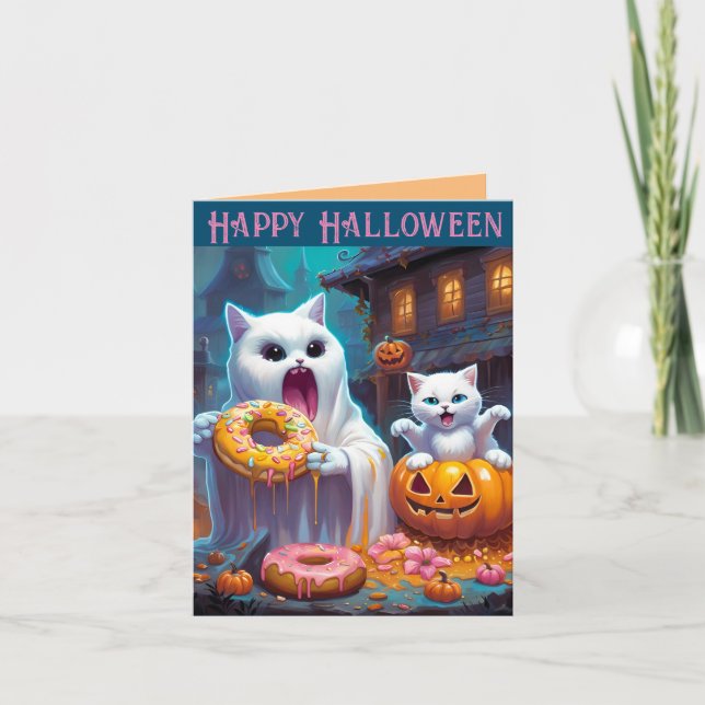 Happy Halloween - Niedlich Kitten und Ghost essen  (Vorderseite)