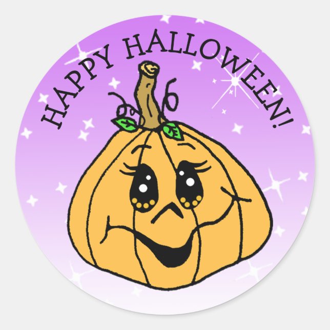 Happy Halloween Niedlich Whimscical Pumpkin Lila Runder Aufkleber (Vorderseite)
