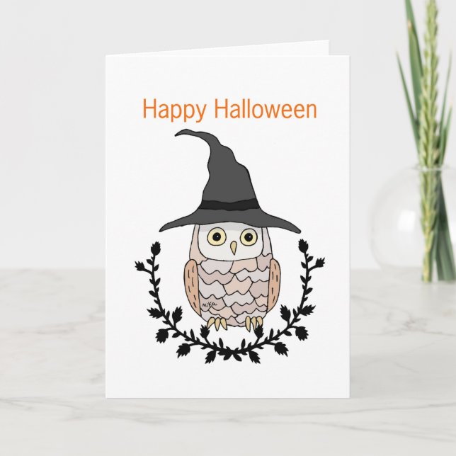 Happy Halloween Niedliche Eule mit Hexenhut Karte (Vorderseite)