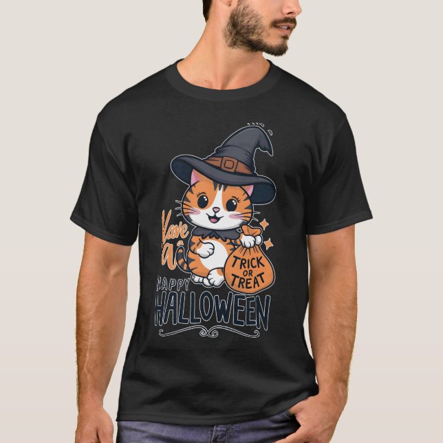 Happy Halloween - Niedliche Katze mit Trick oder T T-Shirt (Vorderseite)