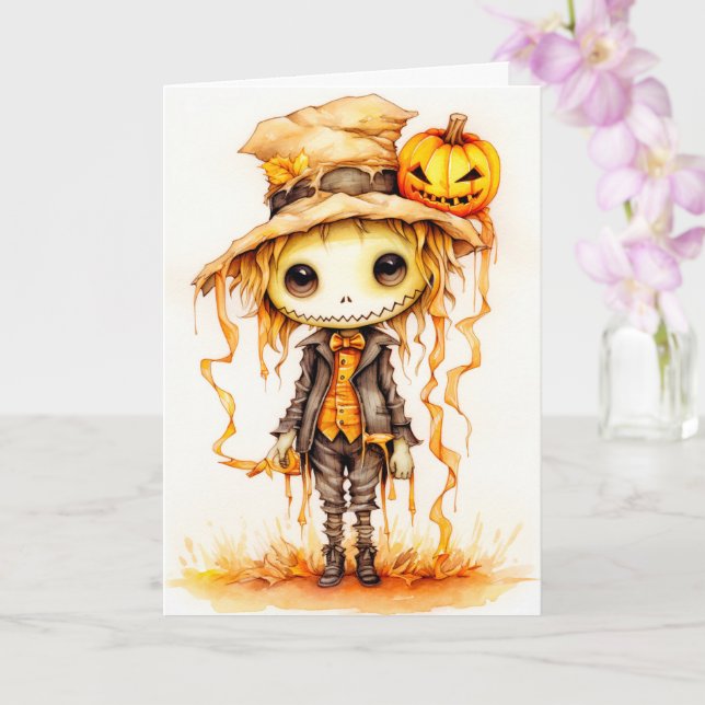 Happy Halloween | Niedliche Kleine Vogelscheuche Karte (Orchidee)