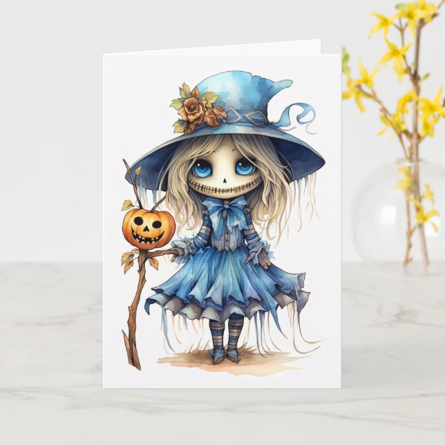 Happy Halloween | Niedliche Puppenwitz Karte (Gelbe Blume)