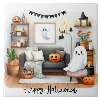 Happy Halloween Niedlicher Geist in seinem Haus Fliese