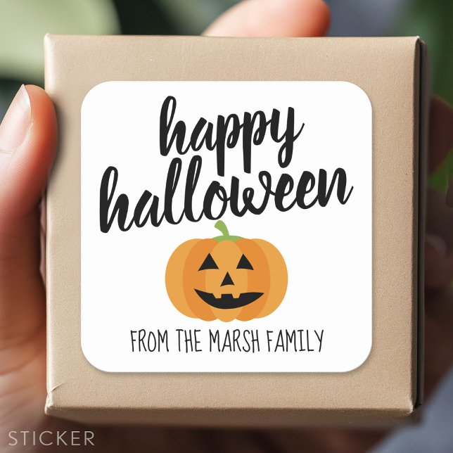 Happy Halloween - Niedlicher Pumpkin Jack-o-Lanter Quadratischer Aufkleber (Custom Sticker - Personalize with your info for a party favor or gift)