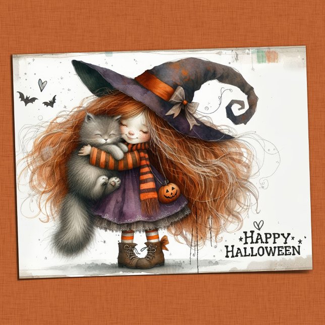 Happy Halloween - Niedliches Hexenmädchen und Schw Postkarte (Von Creator hochgeladen)