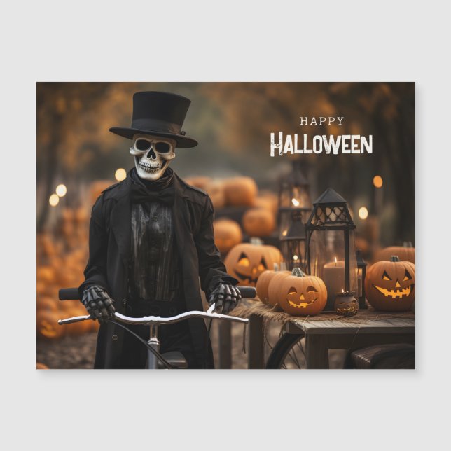 Happy Halloween niedliches Skelett mit Fahrrad Magnetkarte (Vorderseite)