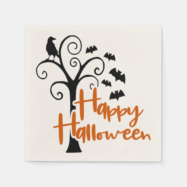 Happy Halloween Orange Black Dead Tree Bats Raven Serviette (Vorderseite)