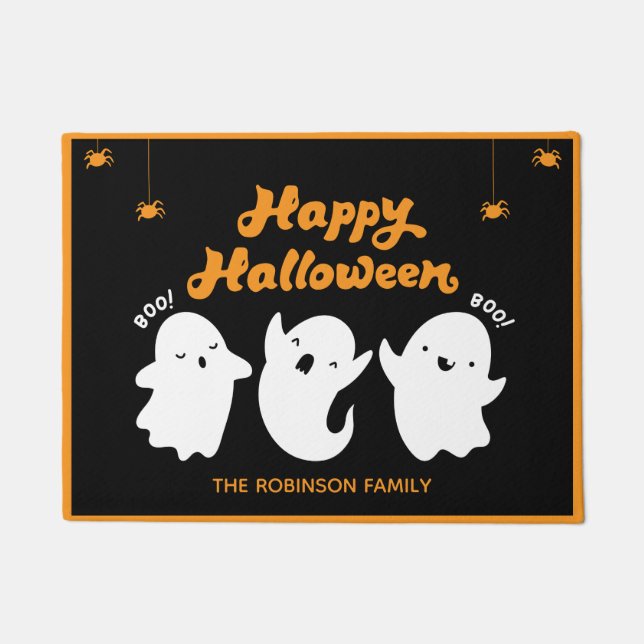 Happy Halloween Orange Black Ghosts Monogram Name Fußmatte (Vorderseite)