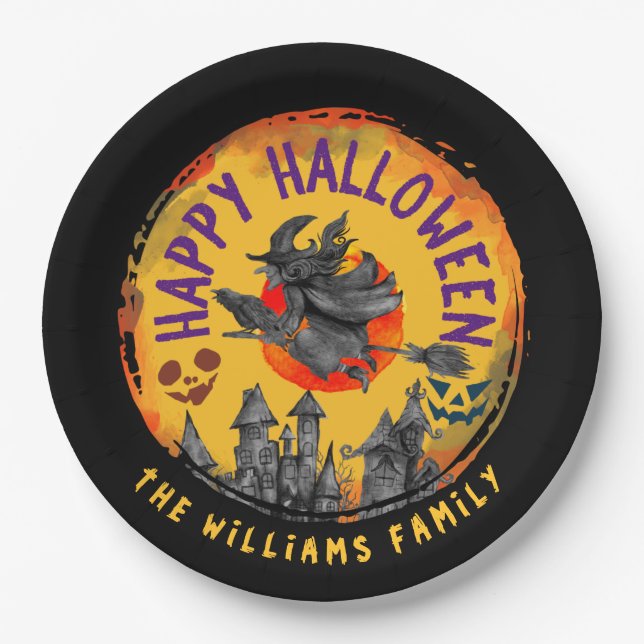 Happy Halloween Orange Black Hexe Broomstick Pappteller (Vorderseite)