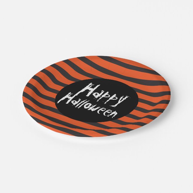 Happy Halloween Orange Black Striped Spooky Schrif Pappteller (Schrägansicht)