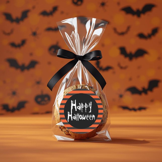Happy Halloween Orange Black Striped Spooky Schrif Runder Aufkleber (Happy Halloween Orange Black Striped Spooky Font Classic Round Sticker by Ricaso. Trick or treat)