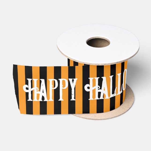 Happy Halloween Orange Black Witch Stripes Satinband (Spule)
