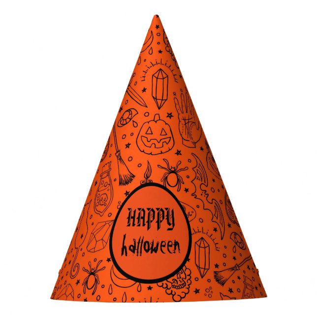 Happy Halloween Orange Doodle Pattern Partyhütchen (Vorderseite)