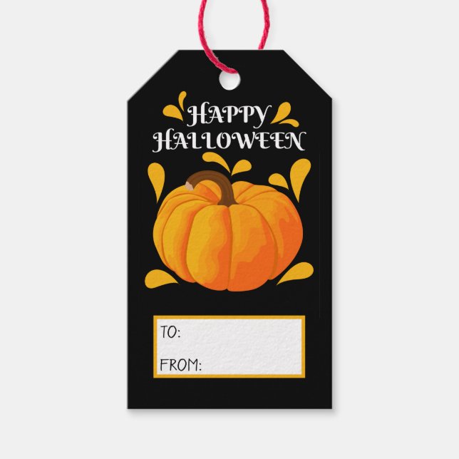 Happy Halloween Orange Pumpkin Black Background Geschenkanhänger (Vorderseite)
