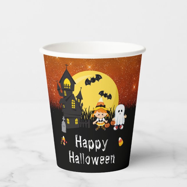 Happy Halloween Party Hexe Ghost Orange Pappbecher (Vorderseite)