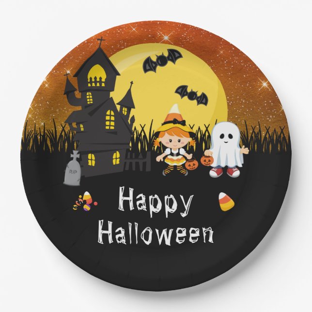 Happy Halloween Party Hexe Ghost Orange Pappteller (Vorderseite)