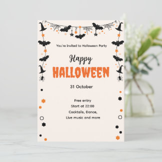 Happy Halloween Party Invitation with Bats, Stars 