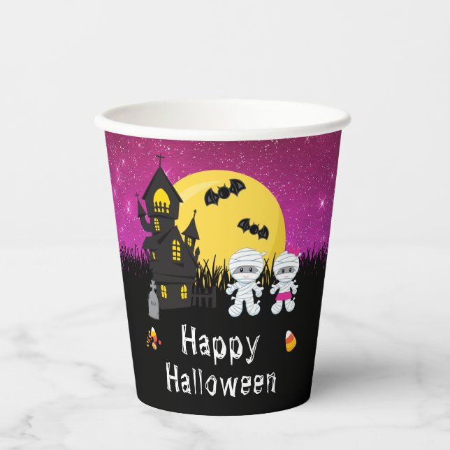 Happy Halloween Party Mummy Pink Pappbecher (Vorderseite)