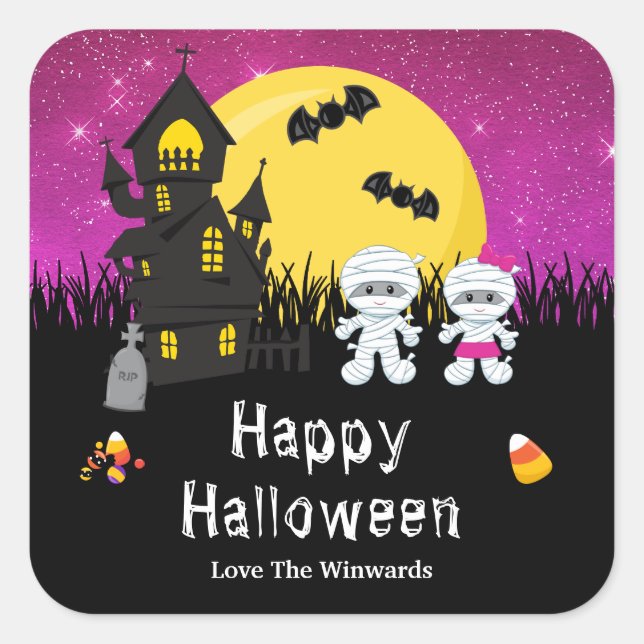 Happy Halloween Party Mummy Pink Quadratischer Aufkleber (Vorderseite)