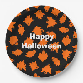Happy Halloween Party Orange Ghost Pappteller