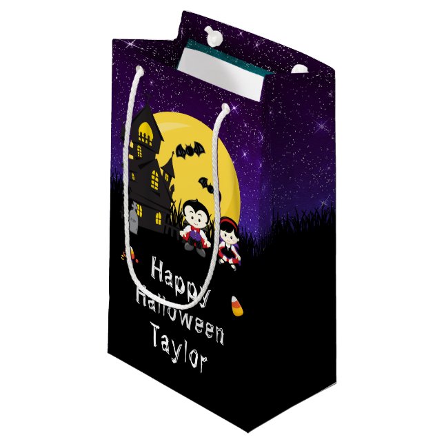 Happy Halloween Party Vampires Lila Kleine Geschenktüte (Vorderseite Schrägansicht)
