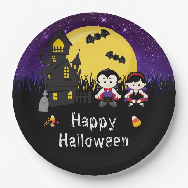 Happy Halloween Party Vampires Lila Pappteller (Vorderseite)
