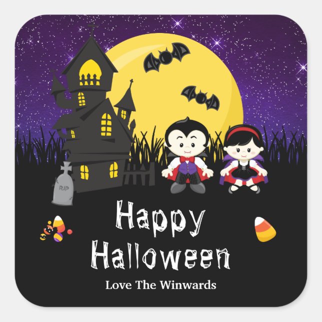 Happy Halloween Party Vampires Lila Quadratischer Aufkleber (Vorderseite)