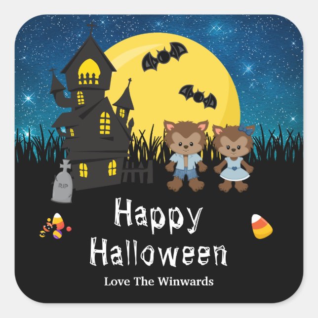 Happy Halloween Party Werewolf Blue Quadratischer Aufkleber (Vorderseite)