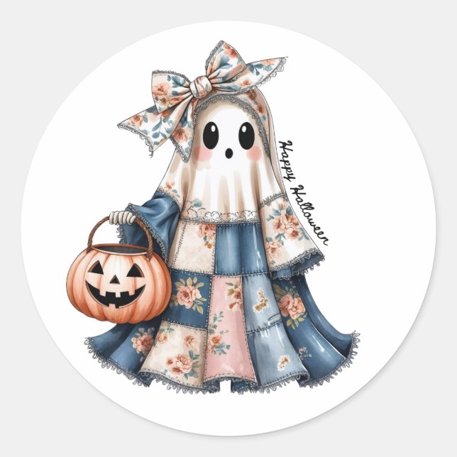 Happy Halloween-Patchwork-Geist Runder Aufkleber (Vorderseite)