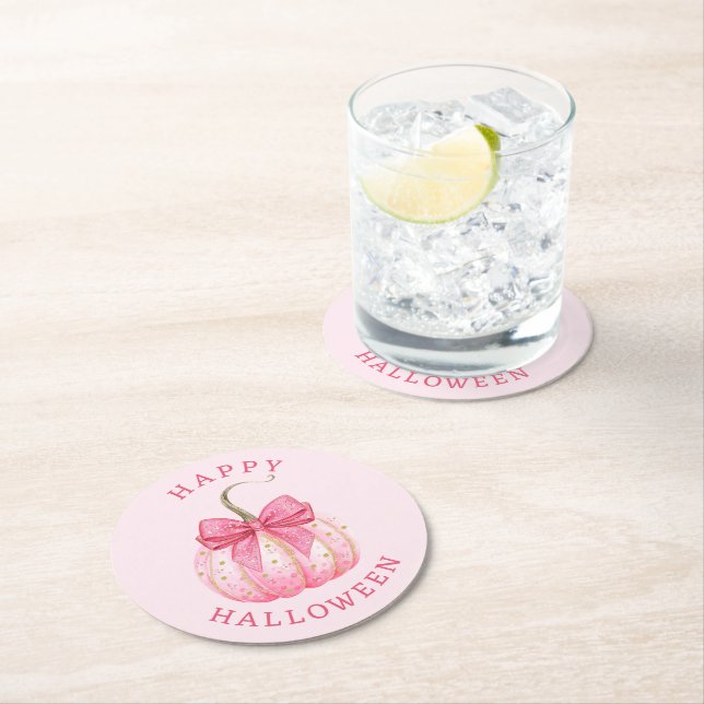 Happy Halloween Pink Coquette Bow Pumpkin Runder Pappuntersetzer (Vor Ort)