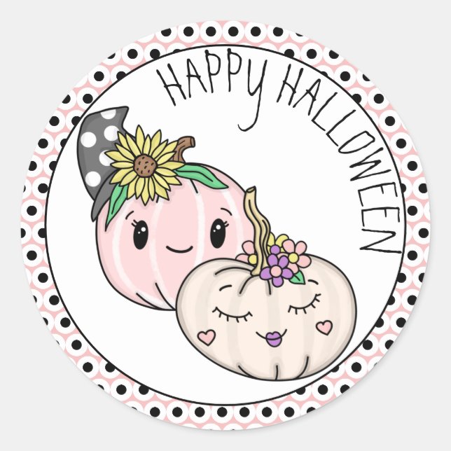 Happy Halloween | Pink Pumpkin and Polka Dots Runder Aufkleber (Vorderseite)
