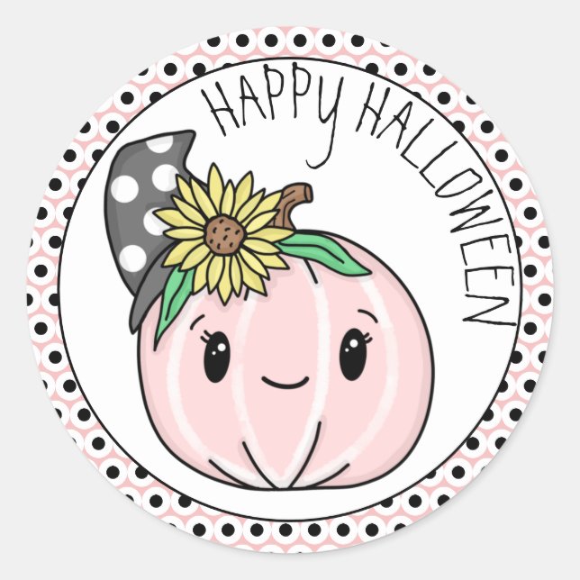 Happy Halloween | Pink Pumpkin and Polka Dots Runder Aufkleber (Vorderseite)