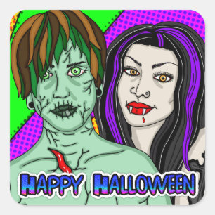 Happy Halloween Pop Art zombie Vampire Quadratischer Aufkleber