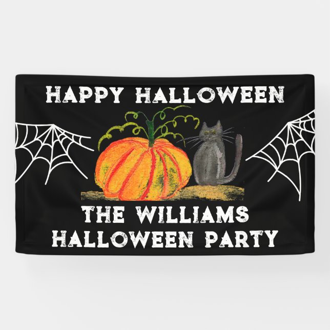 Happy Halloween Pumpkin Cat Kids Banner (Horizontal)