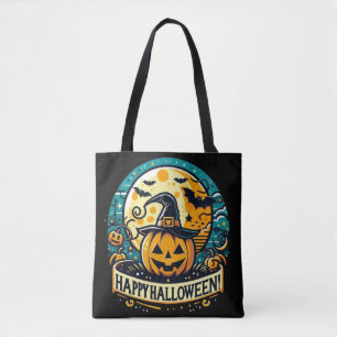 Happy Halloween Pumpkin in Hexenhut Vollmond Tasche