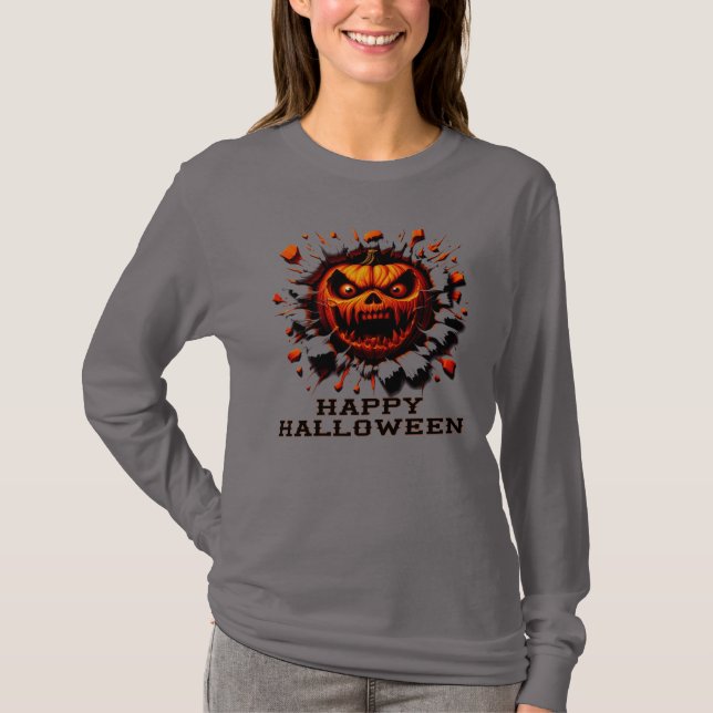 Happy Halloween Pumpkin Smashing Through T-Shirt (Vorderseite)