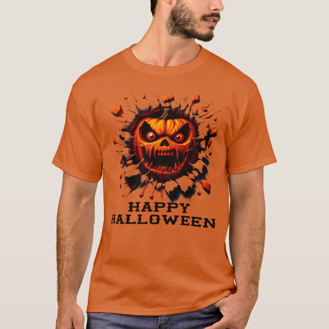 Happy Halloween Pumpkin Smashing Through T-Shirt (Vorderseite)