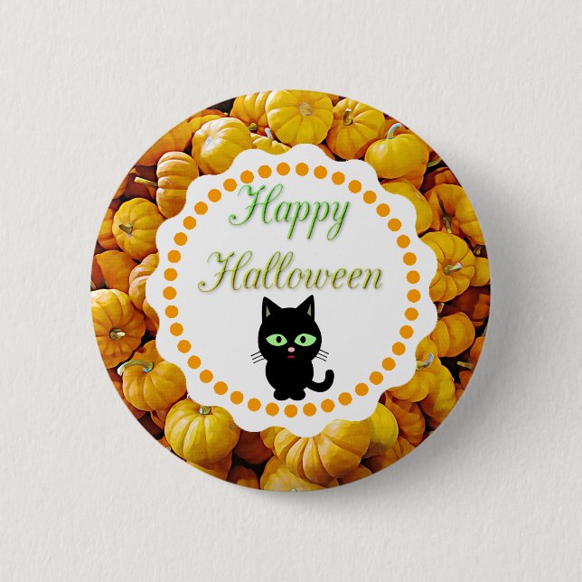 Happy Halloween Pumpkins Black Cat Button (Vorderseite)