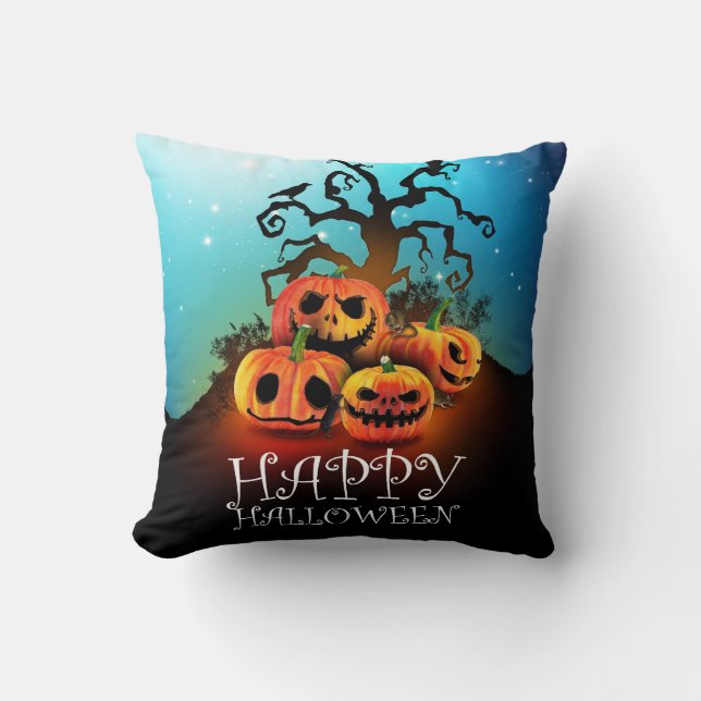 Happy Halloween! Pumpkins zu creepy tree under! Kissen (Vorderseite)
