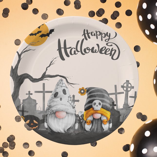 Happy Halloween Retro Gnomes im Friedhof Pappteller (Von Creator hochgeladen)