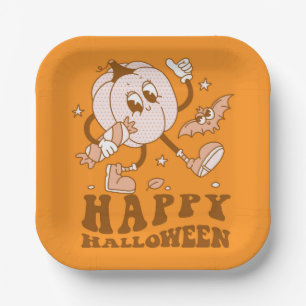 Happy Halloween Retro Polka Dot Pumpkin Pappteller