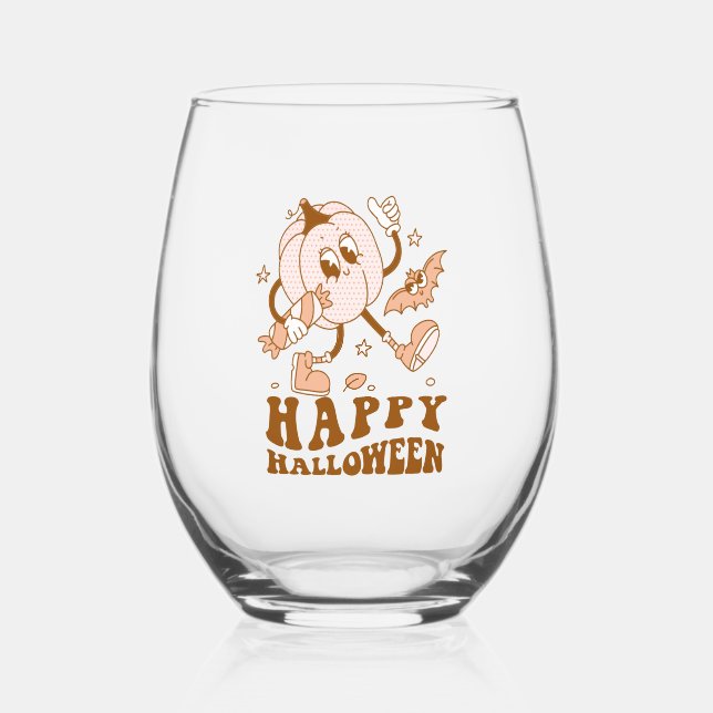 Happy Halloween| Retro Polka Dot Pumpkin Weinglas Ohne Stiel (Vorderseite)