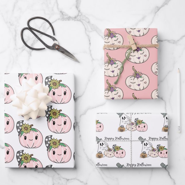 Happy Halloween | Rosa Kürbis und Sonnenblumen Geschenkpapier Set (Vorderseite)