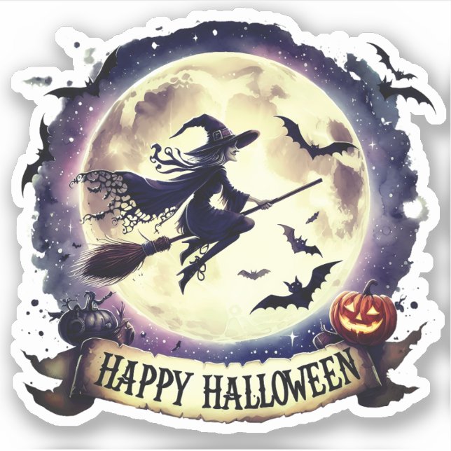 Happy Halloween - Rotzunge auf dem Broom Aufkleber (Vorderseite)