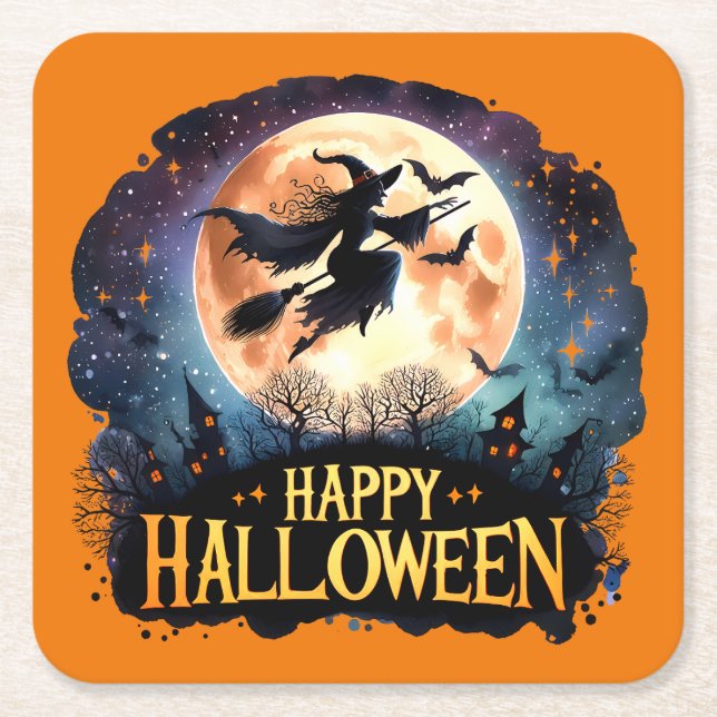 Happy Halloween - Rotzunge auf dem Broom Rechteckiger Pappuntersetzer (Vorderseite)